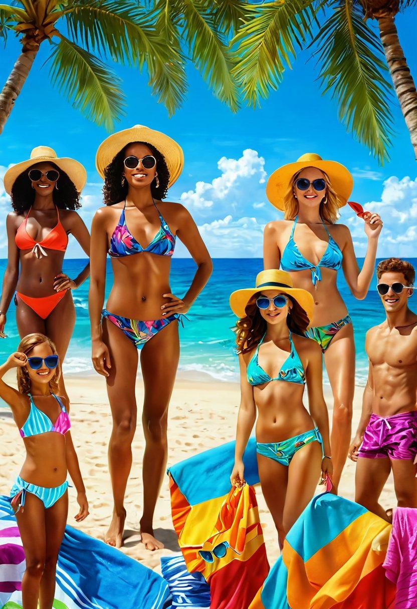 A vibrant beach scene showcasing a diverse group of stylish individuals in trendy swimwear and beachwear, surrounded by colorful beach accessories like sunglasses, hats, and towels. The sun shines brightly, reflecting off the ocean waves, and tropical palm trees frame the background. Create an inviting, summery atmosphere that highlights the joy of accessorizing for the beach. super-realistic. vibrant colors. tropical theme.